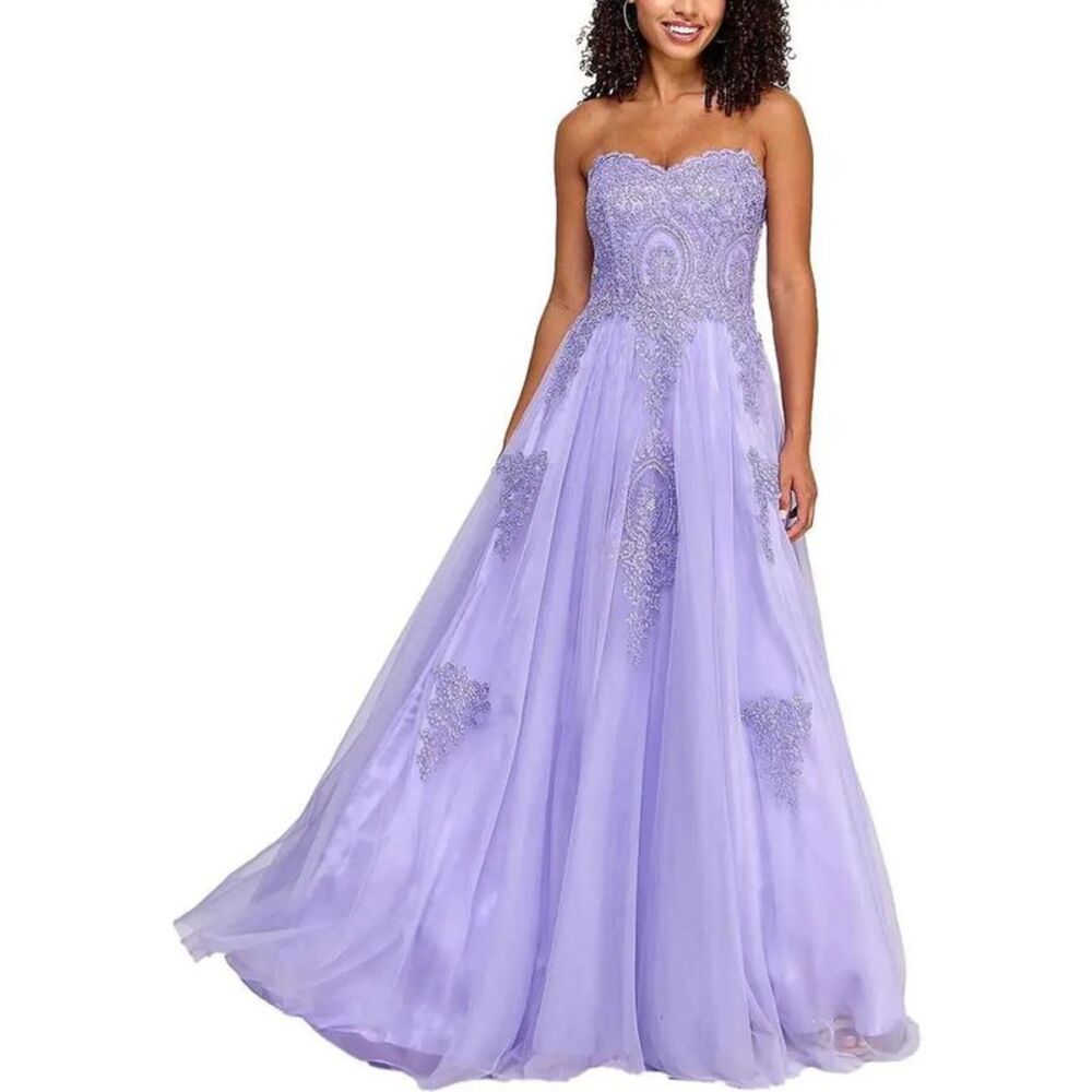 Say Yes to the Prom Womens Floral Strapless Prom Dress Dress, Purple, Juniors...